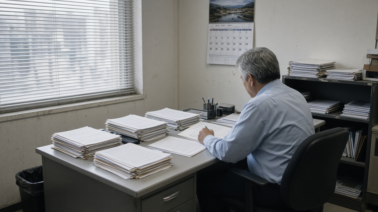 Interior of a modest consumer finance branch with counseling desk, stacked paper loan folders and a wall calendar, afternoon light through blinds, no customers faces visible, no logos or readable text