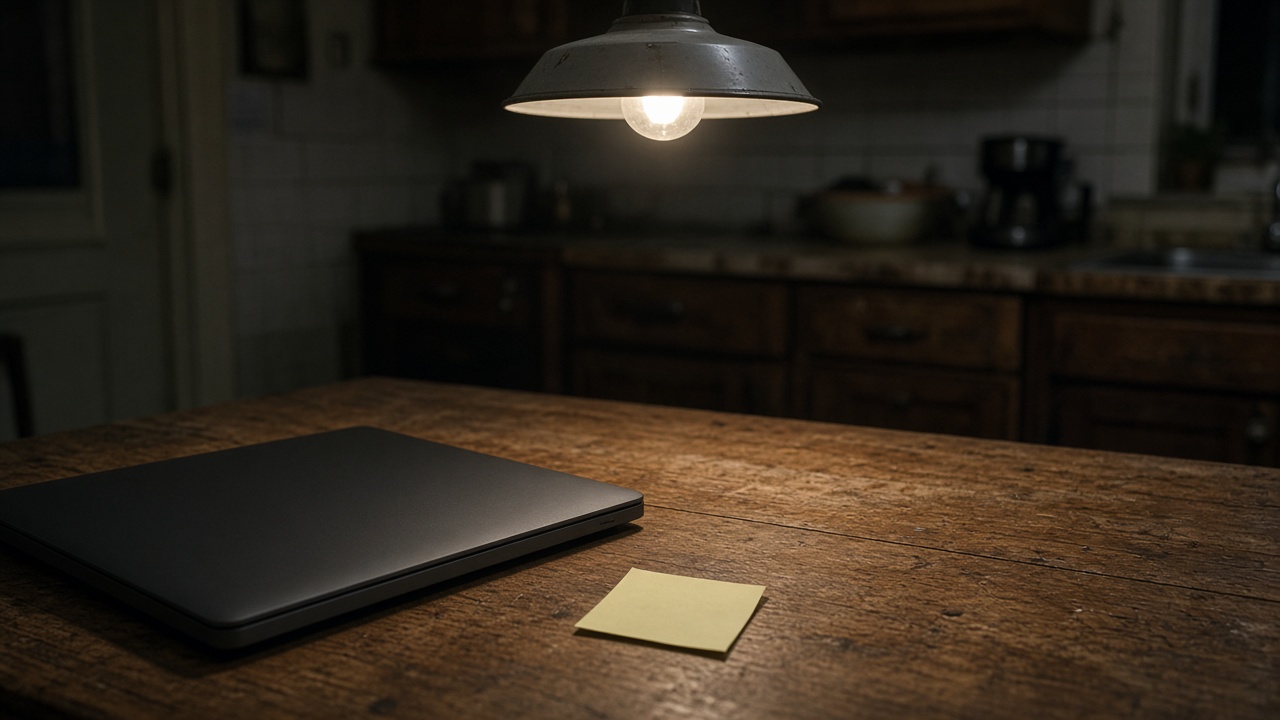 A closed laptop with a sticky note beside it on a kitchen table under a single pendant light, hands out of frame, no faces, no logos or readable text