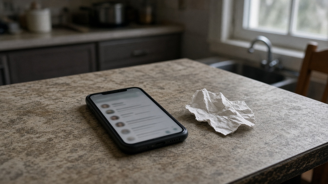 A smartphone lying on a kitchen table showing a blurred messaging thread and a crumpled paper note beside it, afternoon window light, slight grain, no readable text or faces