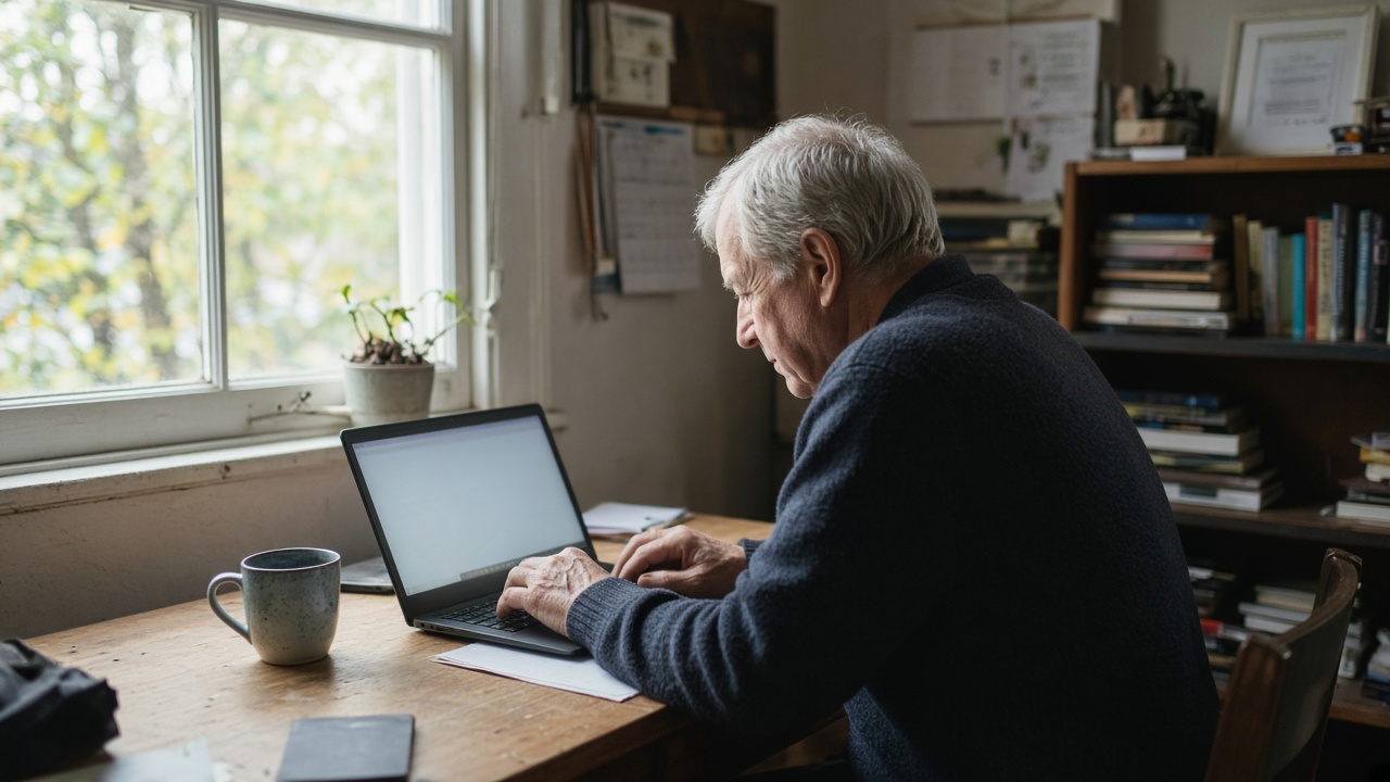 Older adult at a laptop in a home office, screen glow on hands, coffee mug nearby, window daylight, no readable screen text or logos