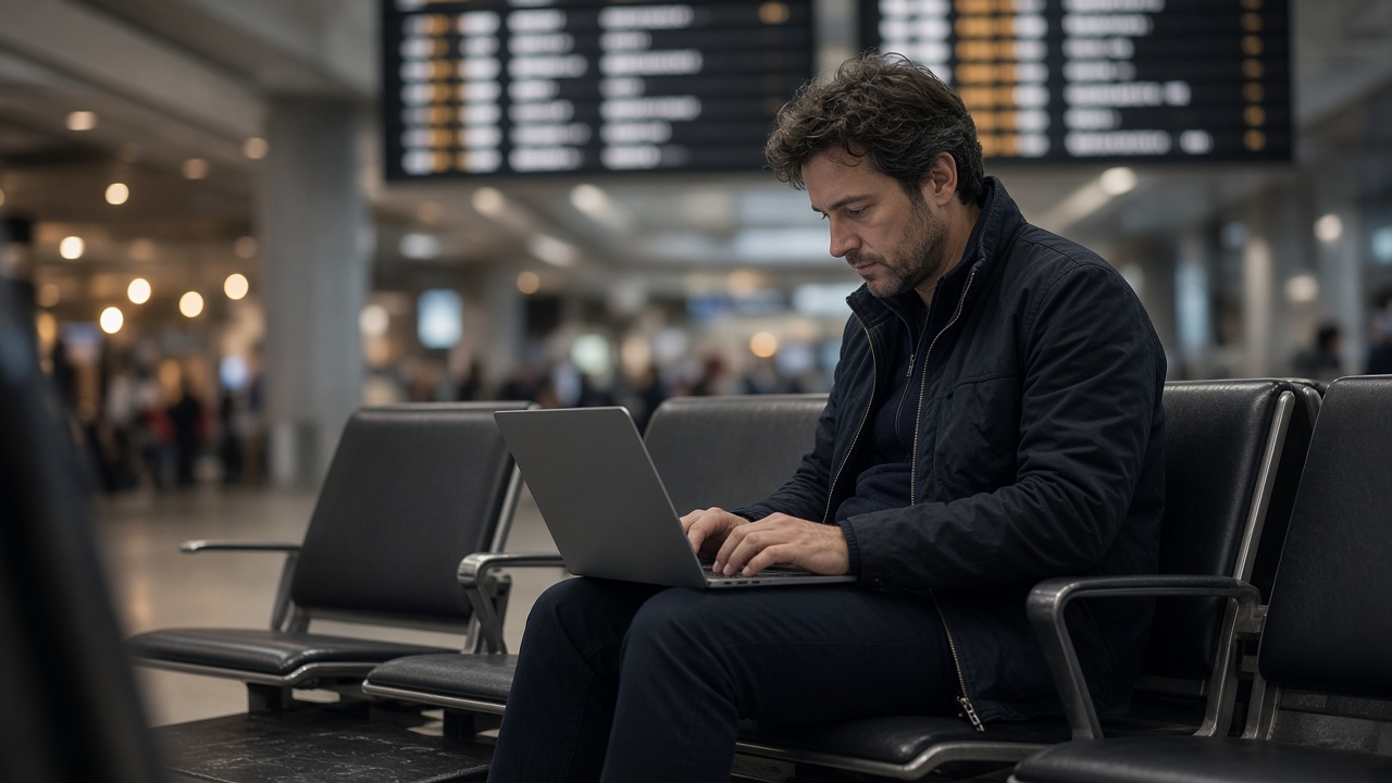 Traveler typing on a laptop at an airport gate seating area with blurred departure boards in background, evening terminal light, no readable text on screens or signs