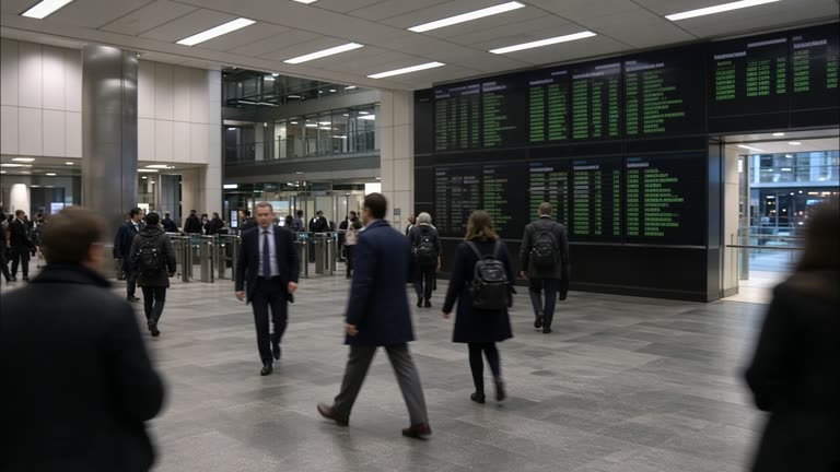 London Stock Exchange foyer with electronic price boards showing green numbers, commuters in coats walking past, fluorescent ceiling panels, slight motion blur, no logos or readable text
