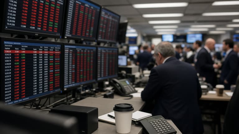 London trading floor with multiple equity price screens showing red numbers, traders in business attire blurred in background, fluorescent office lighting, coffee cups on desks, no logos or readable text