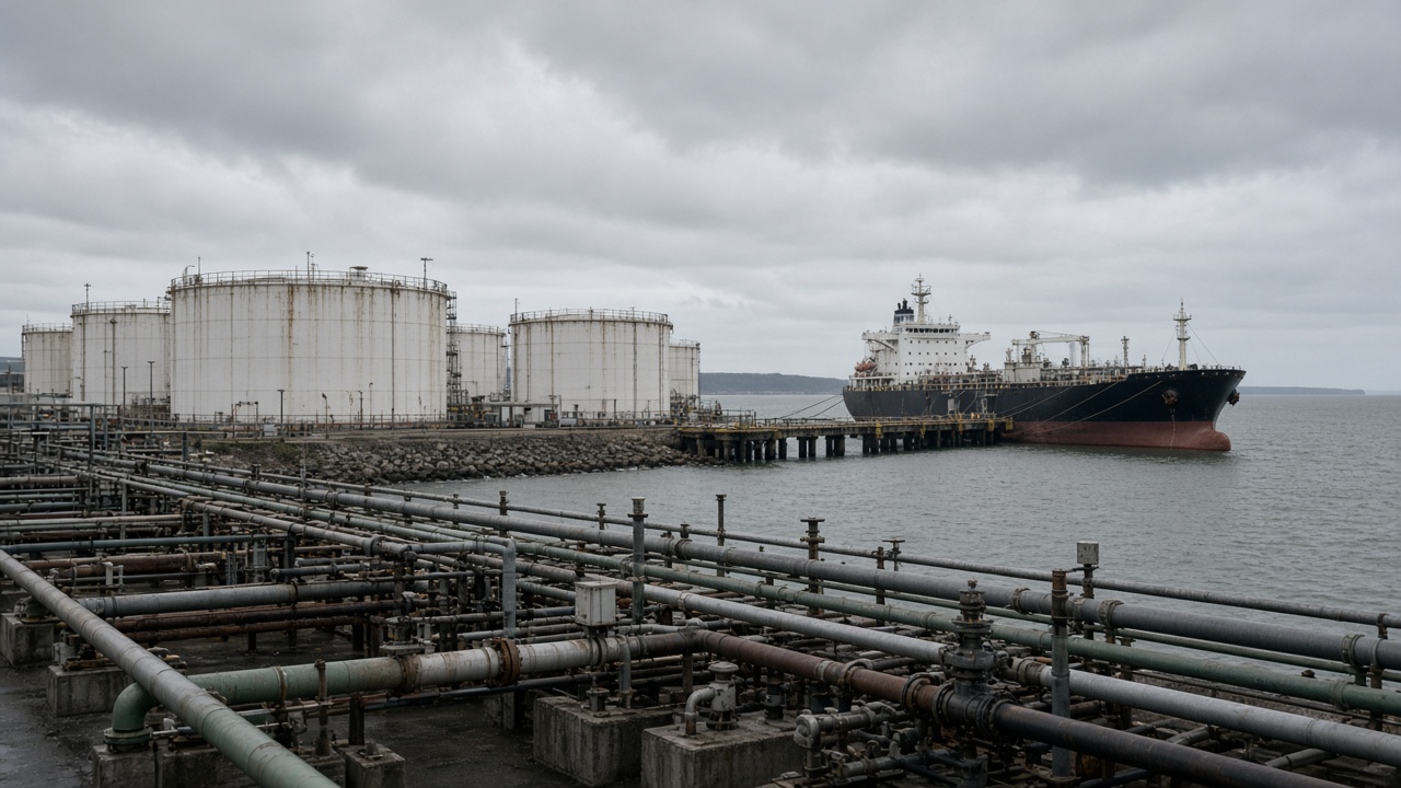 White fuel storage tanks and pipeline manifolds at a coastal petroleum terminal under overcast skies, with a moored tanker visible at the jetty.