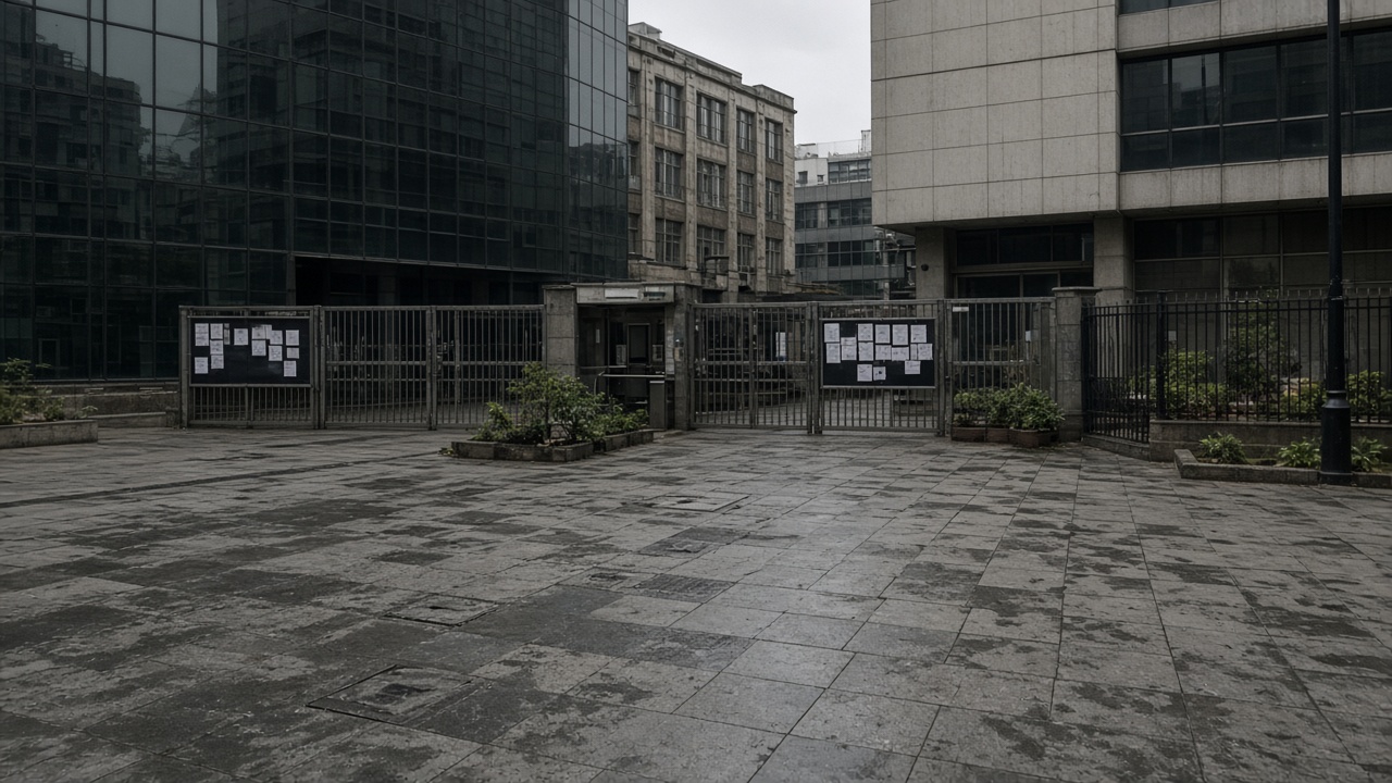 Empty securities exchange plaza with closed metal gates and holiday notice boards in Mumbai financial district, overcast daylight, no logos or readable text