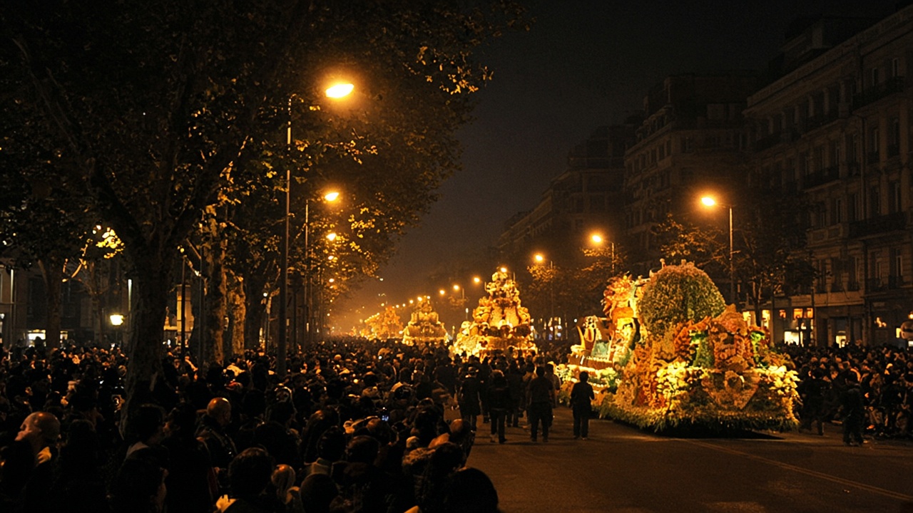 Nighttime street festival with illuminated floats and crowds along a wide urban boulevard, sodium street lamps, no logos or readable text