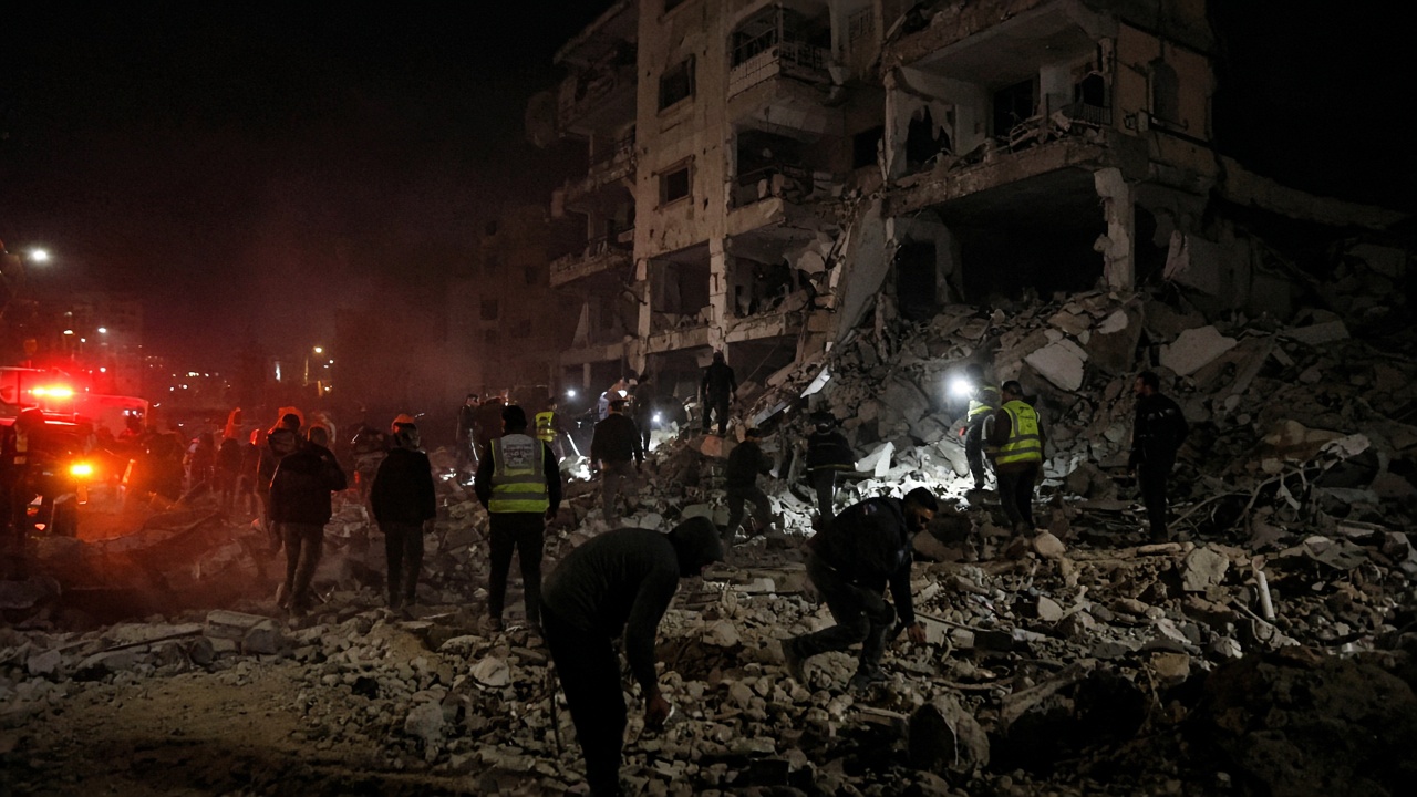 Palestinian civil defence workers and residents search rubble at night outside a damaged multi-storey apartment block in Gaza City's Remal neighbourhood, emergency lights cutting through dust and smoke.