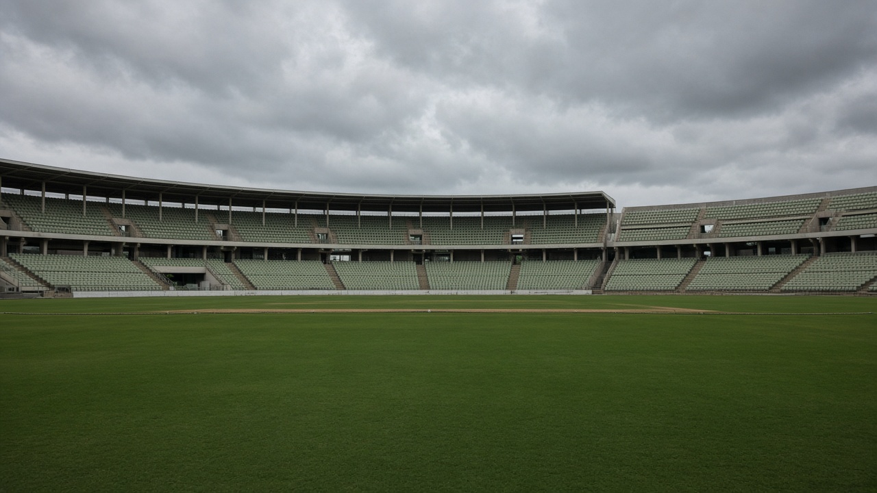 Cricket stadium stands in Punjab with green outfield and empty seats before match, overcast afternoon, no logos or readable text