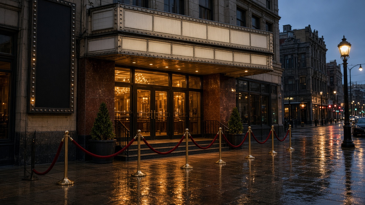 Historic movie theater facade at dusk with blank marquee panels and velvet rope stanchions, sidewalk reflections after light rain, warm lobby glow, no readable titles or logos