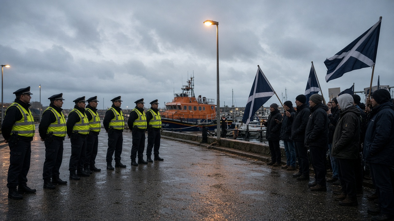 Police officers in yellow vests form a line on a rainy Gosport marina road as protesters with flags stand opposite and a lifeboat sits moored in the background at dusk