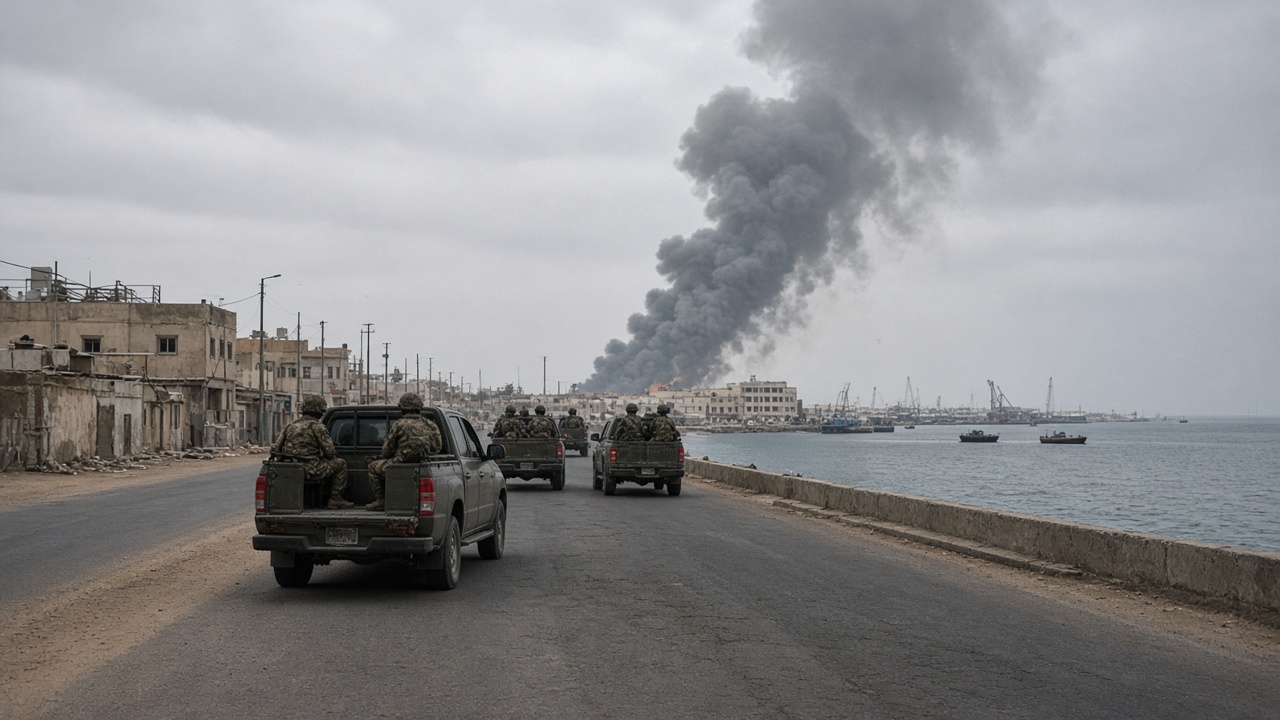 Smoke rises above low waterfront buildings at a Red Sea port as a convoy of pickup trucks carrying soldiers moves along a coastal road under hazy morning light.