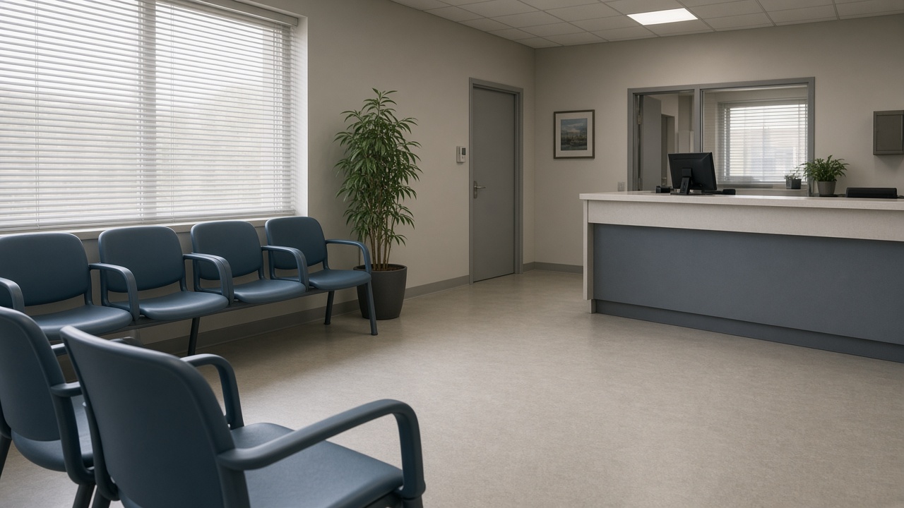 Medical clinic waiting room with plastic chairs and a reception counter, muted daylight through blinds, empty seats, no readable signage