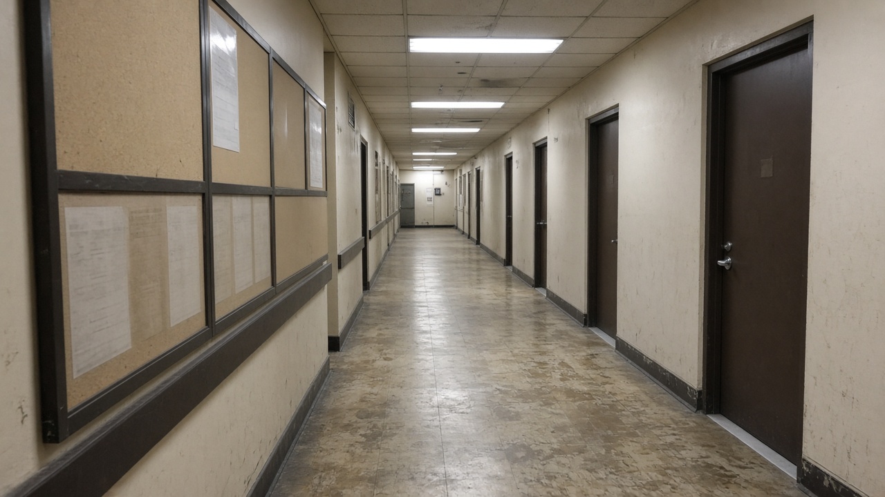 Securities regulator office corridor with bulletin boards and closed doors, fluorescent lighting, worn linoleum, no logos or readable text