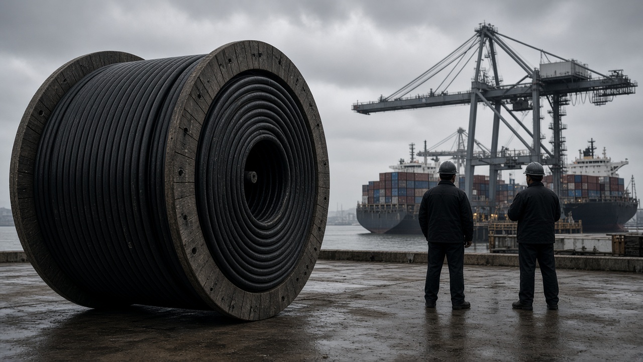 Coiled submarine fibre cable on a dock reel beside a container port crane under overcast sky, workers in hard hats as silhouettes, no logos or readable text