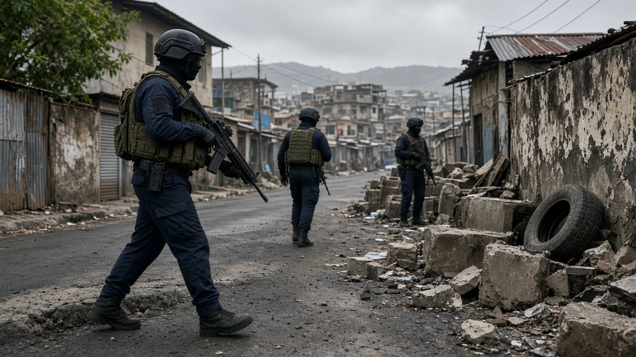 Armed police patrol a street in Port-au-Prince near barricades after electoral authorities postponed Haiti’s December 2026 vote