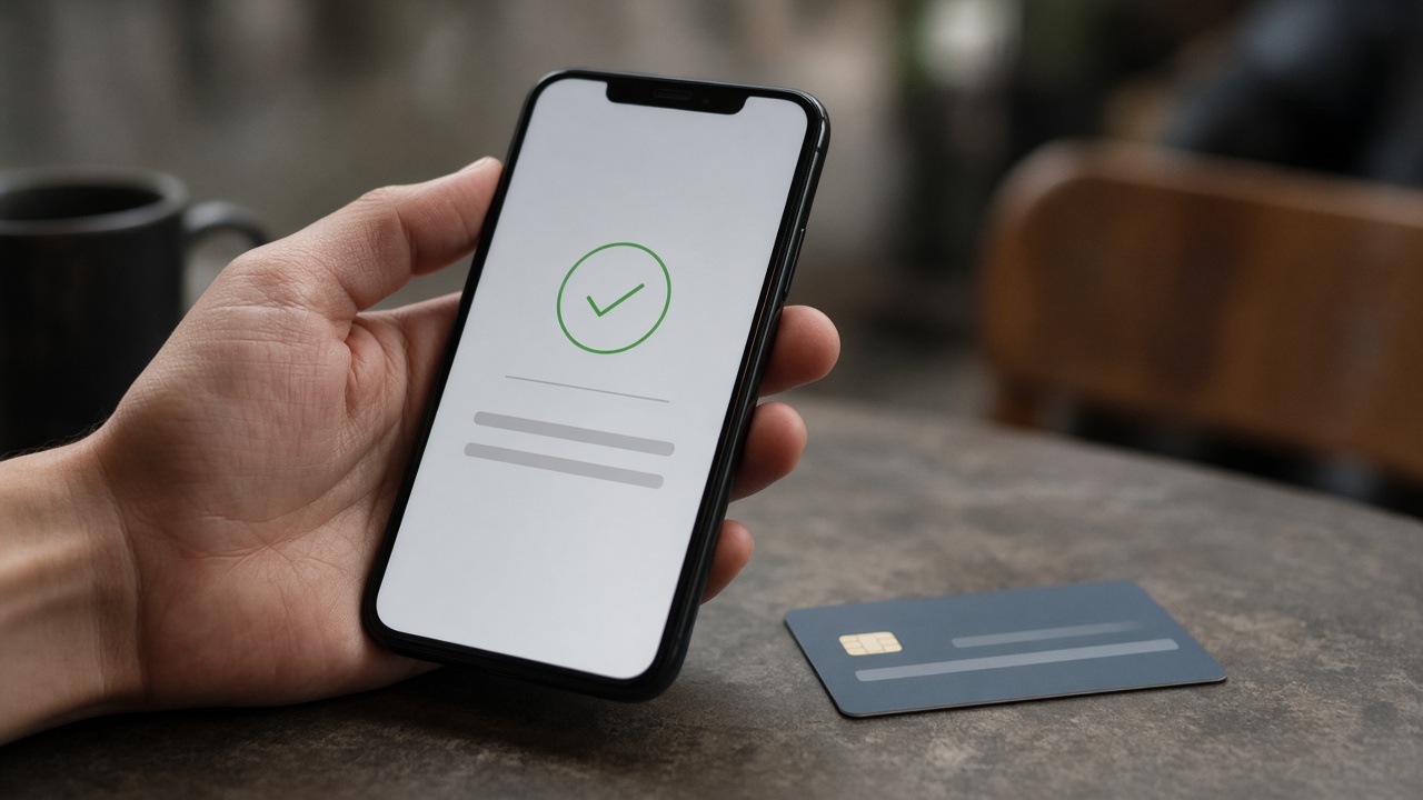 A hand holding a smartphone showing a generic payment approval screen on a cafe table next to a credit card, shallow depth of field, no logos or readable text