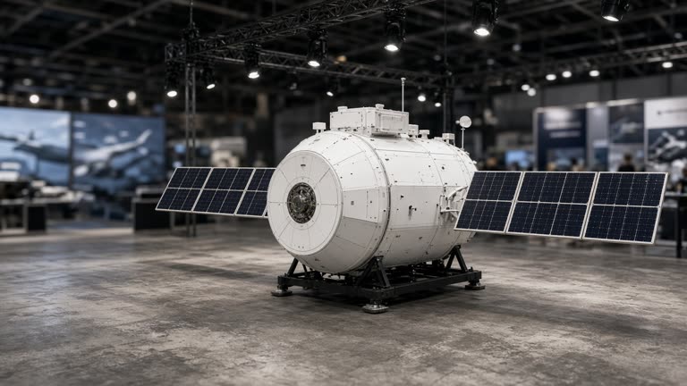 Large white satellite model on a trade-show floor with truss lighting and blurred defense displays in background, concrete floor scuffs, no faces, no logos or readable text