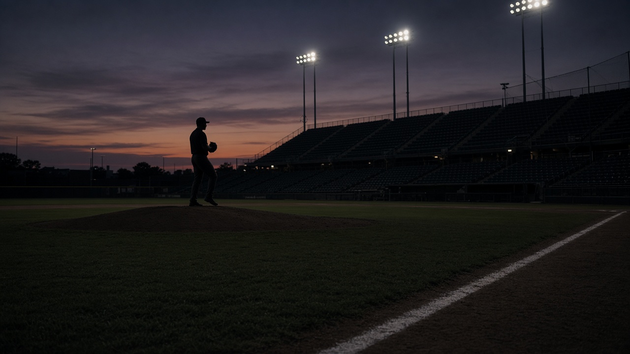 Baseball pitcher silhouette on the mound at dusk stadium lights, empty stands in background, chalk foul line, no logos or readable text