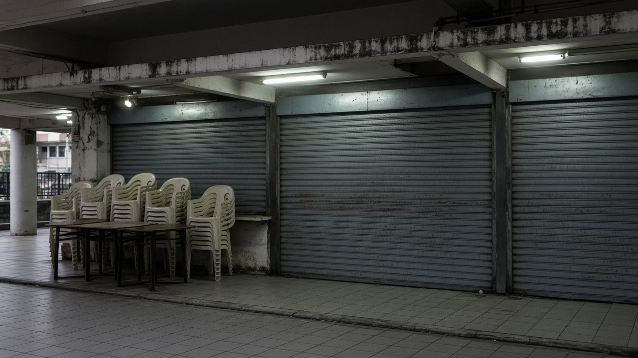 Closed hawker stall shutters pulled down at a Tampines neighbourhood food centre, empty chairs stacked, fluorescent lights still on, no logos or readable text