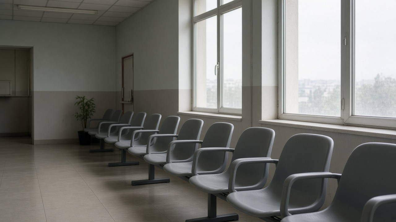 Public clinic waiting area with empty plastic chairs and soft daylight through windows, hazy sky visible outside, no signage or readable text
