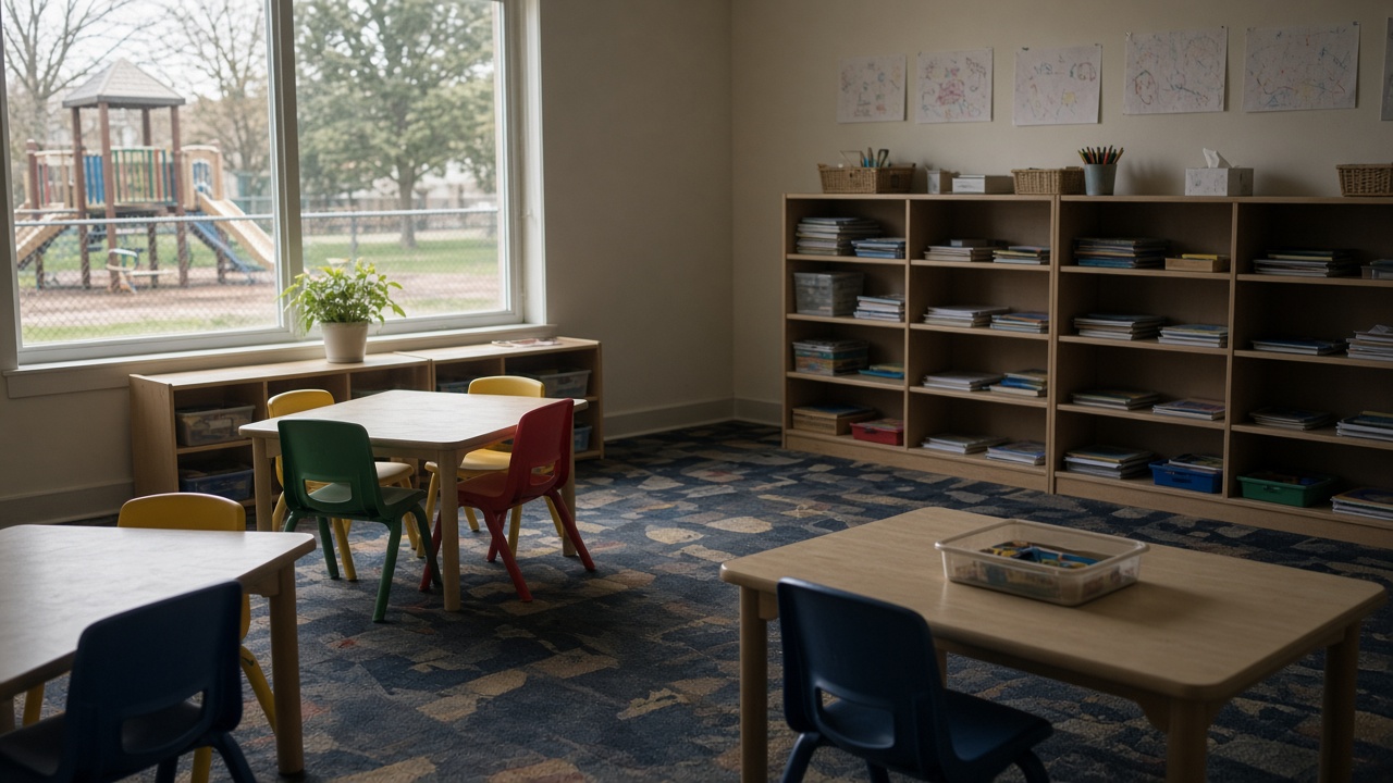 Empty preschool classroom with low tables and colorful chairs beside a window overlooking a fenced playground, morning light, institutional carpet, no logos or readable text