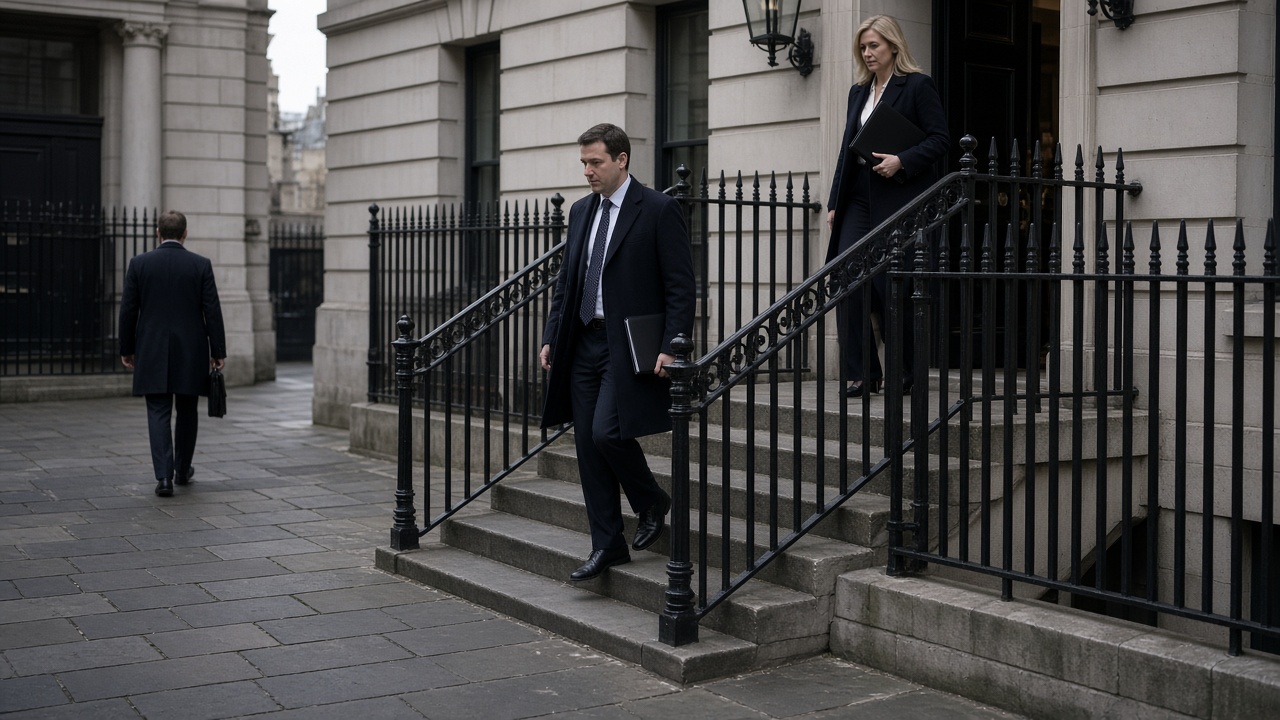 Chancellor's courtyard at 11 Downing Street on an overcast morning, black railings and stone steps, a few civil servants with document folders, no logos or readable text