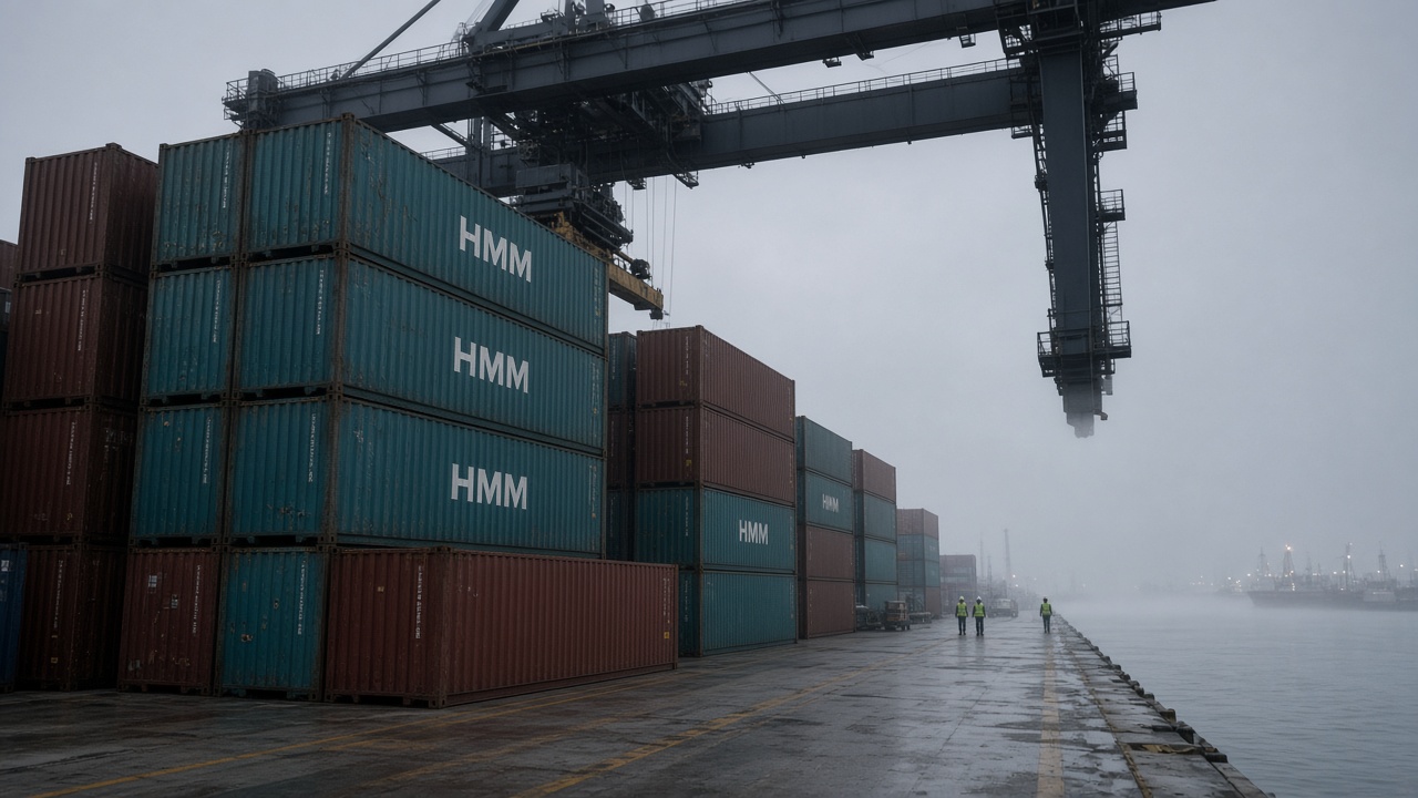 A teal HMM container stack on a quay crane at Busan New Port at dawn, mist over the harbor, workers in high-visibility vests in the distance, no logos or readable text