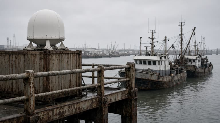 Industrial harbor pier with rust-streaked steel railings, white dome-shaped satellite antenna bolted to a shipping container, fishing boats moored in gray morning light, no vessel names or readable markings
