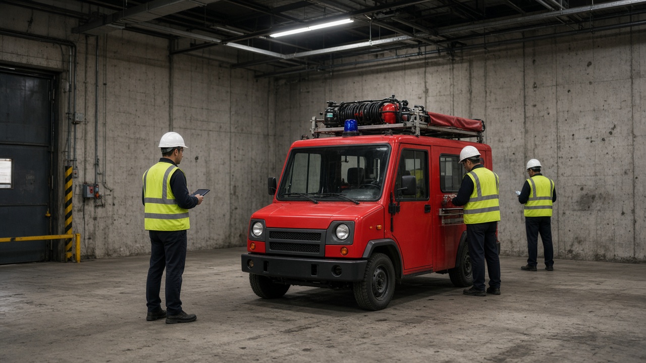 Compact red fire response vehicle on a factory floor with engineers in high-visibility vests, concrete walls, overhead fluorescent light, no logos or readable text