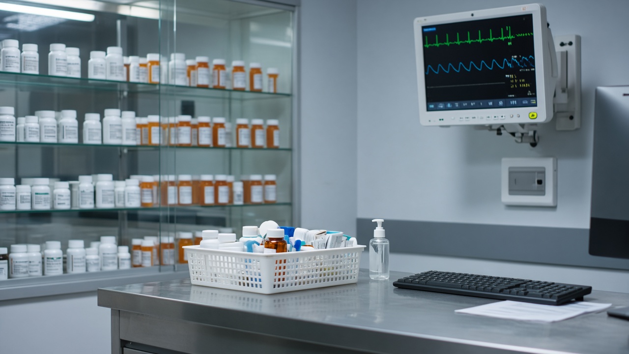 Hospital pharmacy counter with labeled pill bottles and a wall-mounted patient monitor, cool fluorescent light, no logos or readable text