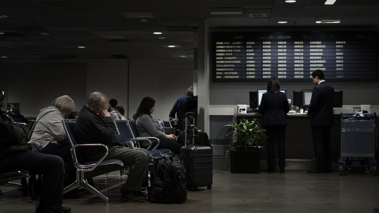 Passengers waiting in a dim regional airport terminal as staff check a departures board after reported missile alerts