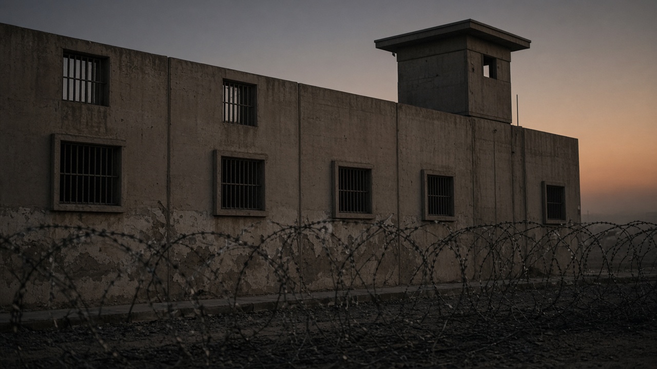 Exterior wall of a concrete Iraqi detention facility with barred windows and guard tower silhouette at dusk, desert haze and coiled razor wire in foreground, no readable signage or flags