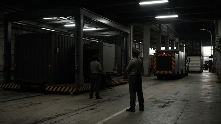 Woodlands Checkpoint cargo inspection bay with scanned freight containers, officers in uniform silhouettes beside an X-ray scanner, harsh fluorescent lighting, concrete floor marks, no readable badges or text