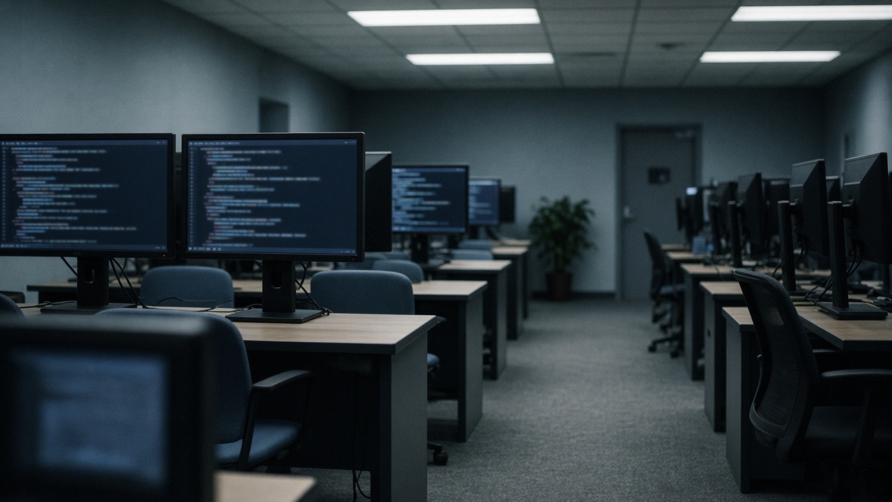 Government office computer lab with rows of monitors showing terminal windows, cool fluorescent light, no readable screen text or faces