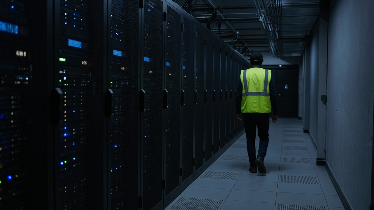 Rows of blinking server racks in a dim data-centre aisle, a technician in a reflective vest walks away down the corridor, cool blue emergency lighting.