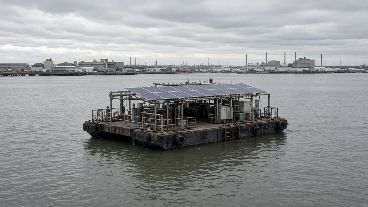 Small floating research platform with solar panels and piping on calm brackish water near an industrial shoreline, overcast sky, no readable text