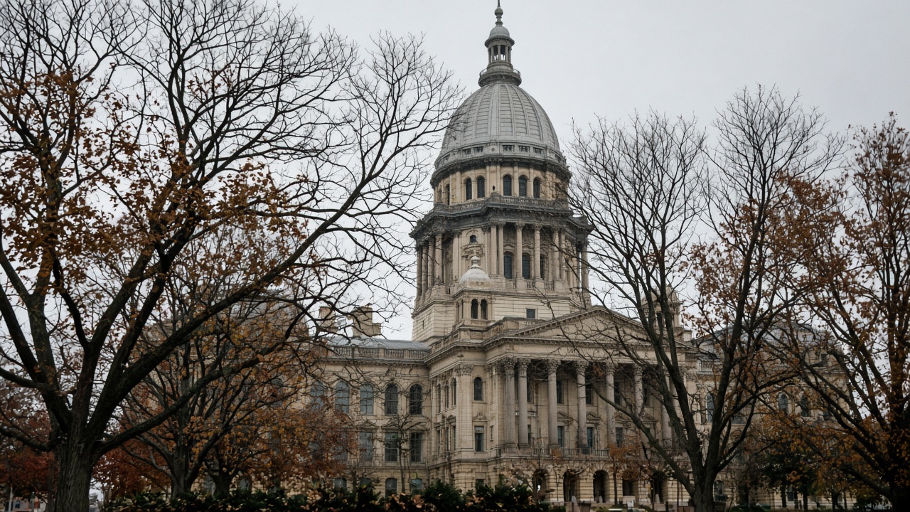 Exterior of the Illinois State Capitol dome on an overcast autumn day, limestone facade with bare trees in the foreground, documentary framing, no readable signage