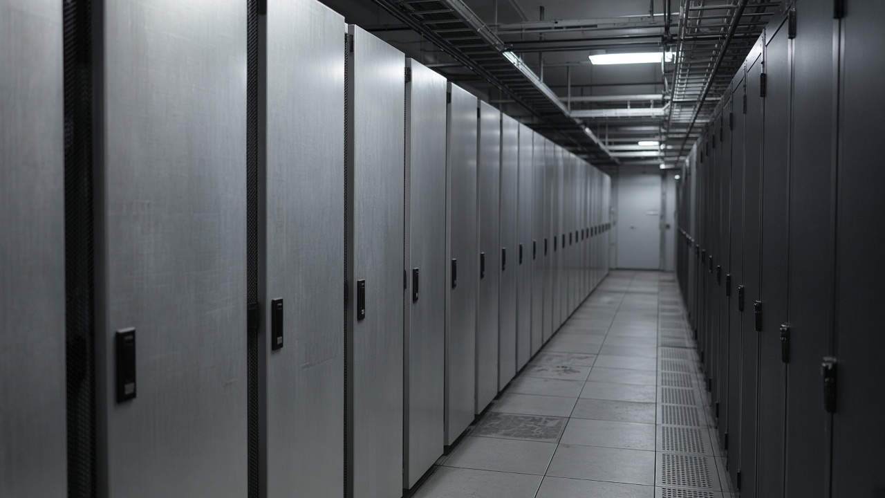 Interior aisle between rows of server cabinets in a Singapore data hall, cool fluorescent light on brushed metal doors, cable trays overhead, no people, no logos or readable text