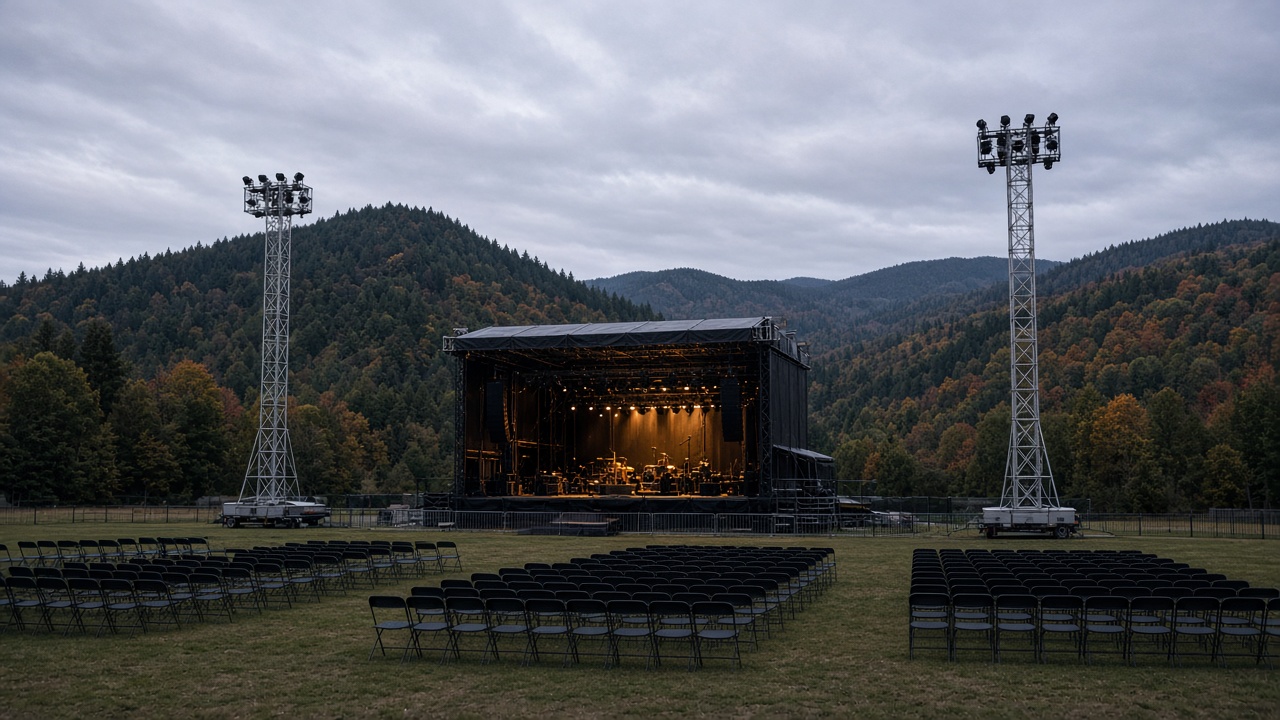 Outdoor festival stage frames against forested hills at dusk, empty seats and light towers, overcast autumn sky, no logos or readable text