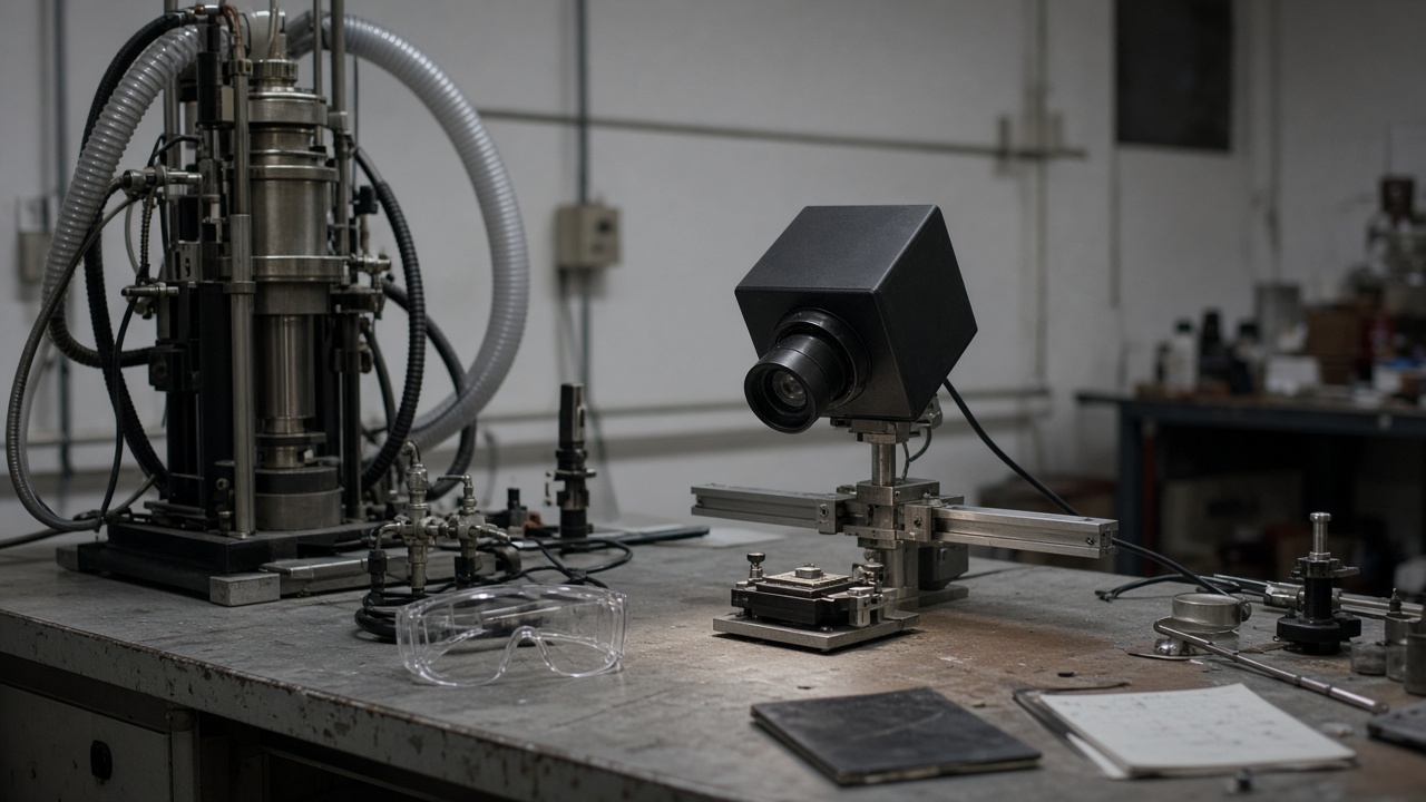 Materials lab bench with mass spectrometer tubing, solar simulator lamp aimed at a small sample holder, safety goggles on bench, no logos or readable text.