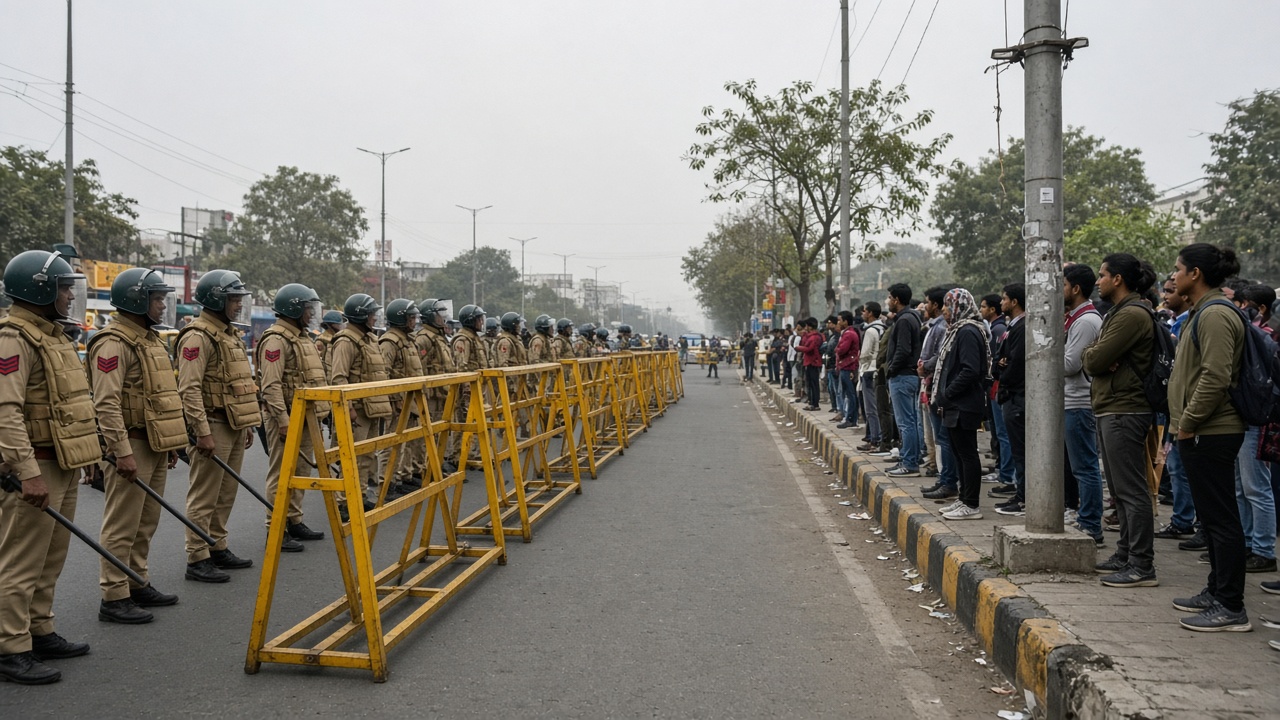 Yellow police barricades and riot officers in khaki uniforms block a wide Delhi avenue near Jantar Mantar as a small crowd of young protesters stands on the sidewalk.
