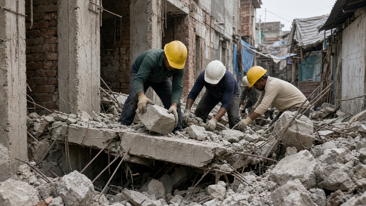 Rescue workers in helmets remove concrete rubble from a collapsed floor slab at a narrow under-construction house lane in northeast Delhi