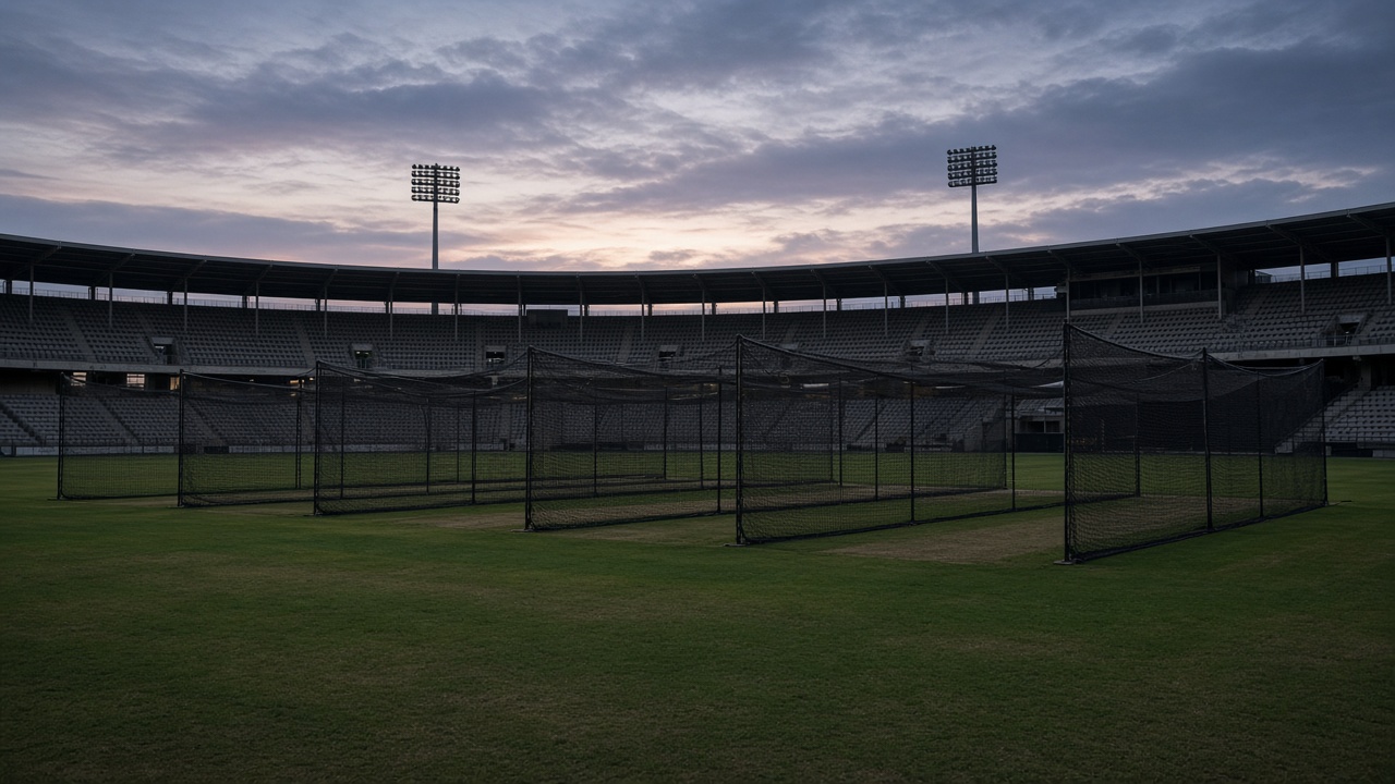 Cricket stadium outfield at dusk with practice nets in foreground, floodlights off, empty seats, no logos or player faces