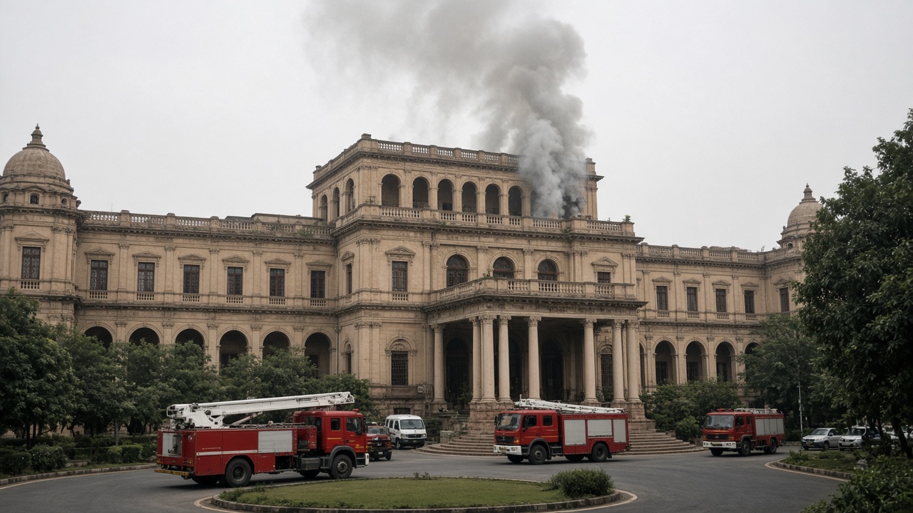 Grey smoke drifting from a upper floor of a sandstone colonial government building in New Delhi as fire trucks line the circular drive below