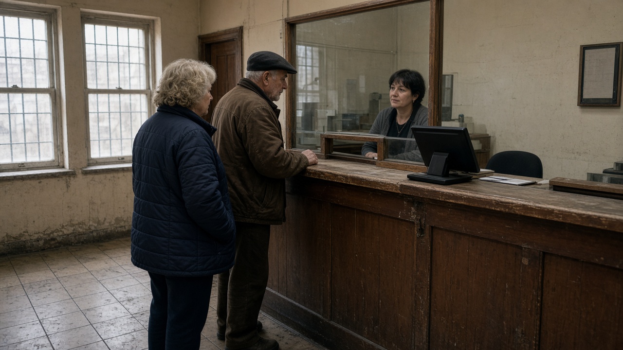 Small rural bank branch interior with customers at a teller counter and a tablet on a stand, daylight through barred windows, worn floor tiles, no logos or readable text