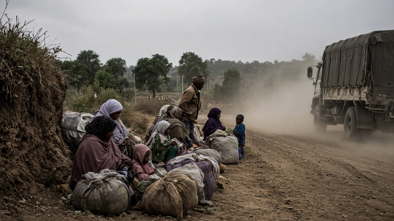 Displaced families with bundled belongings wait beside a dirt road as dust rises from passing trucks near a Blue Nile village.