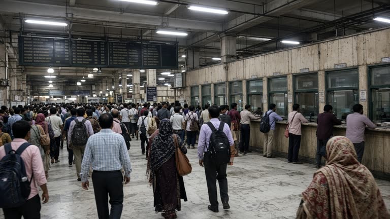 Crowded Howrah railway station concourse with passengers at ticket counters and overhead departure boards, fluorescent lighting, worn marble floors, no logos or readable text