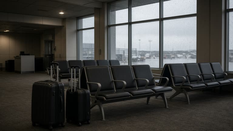 Empty airport gate seating area with rain on terminal windows, rolling suitcases parked nearby, dim overhead lights, no readable screens or logos