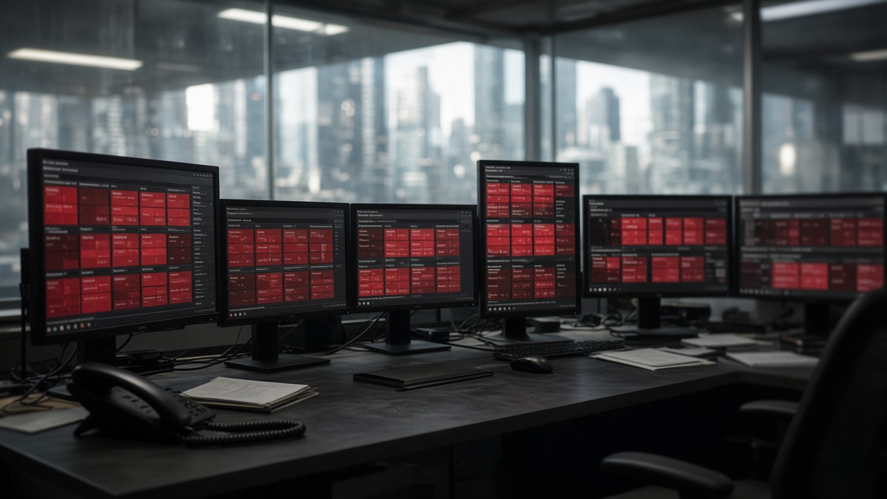 An empty electronic trading desk with multiple monitors showing red price tiles and a blurred city skyline reflection, fluorescent office lighting, no logos or readable text