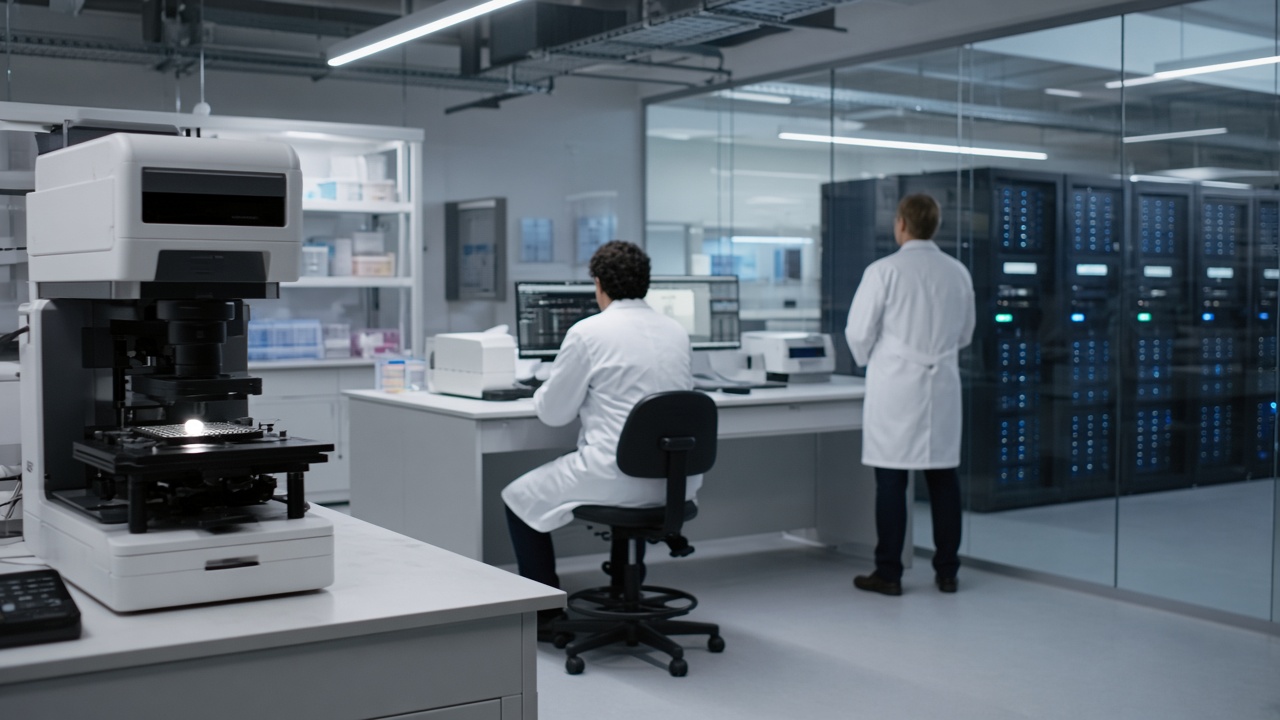 Modern biomedical laboratory with protein crystallography equipment and server racks behind glass, cool LED lighting, researchers in lab coats with faces turned away, no logos or readable text